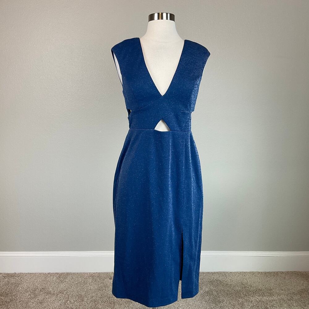 Aidan Mattox Blue Dress Metallic Cut Out Sleeveless Midi Sheath Size 4 - Picture 2 of 10